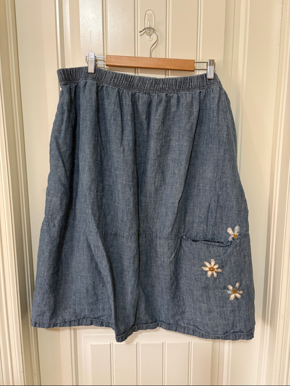 Eileen Fischer Chambray Blue Embroidered Midi Skirt - Picture 8 of 10